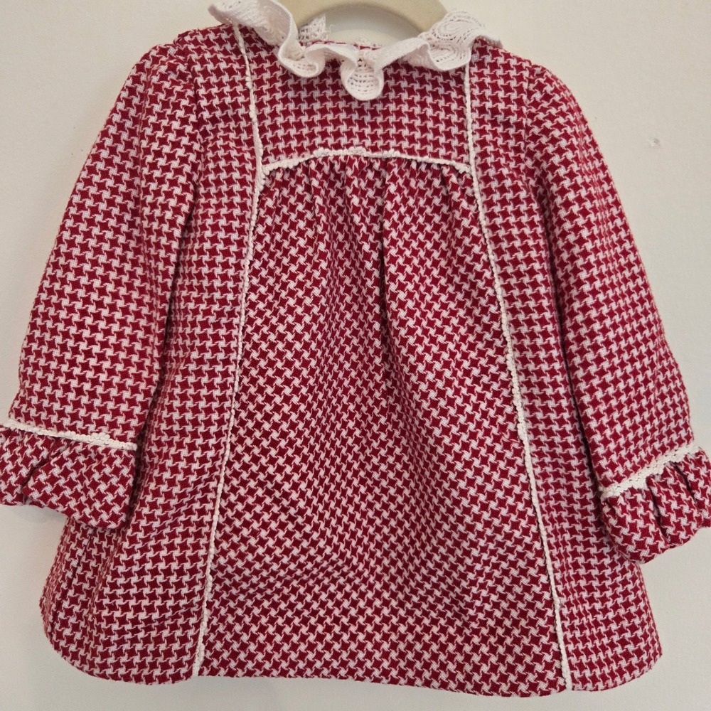 Miranda Spanish Red Houndstooth Lace Collar Dress‎ Baby Girl 24M Wool Blend